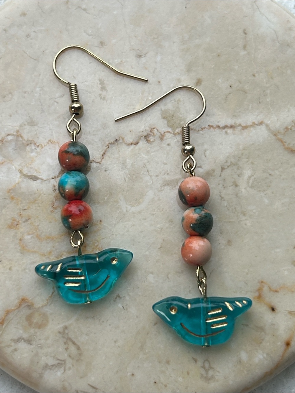 Handmade Red or Blue Bird Dangle Earrings with Orange-Green Beads